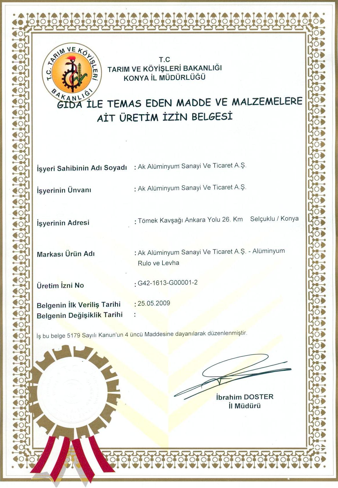 URETIM IZIN BELGESI